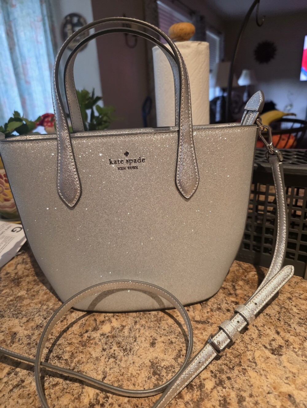 kate spade silver glitter crossbody tote